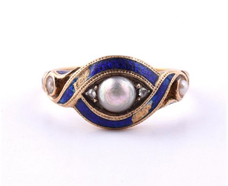 
	
		A MID VICTORIAN BLUE ENAMELLED HALF PEARL AND ROSE CUT DIAMOND SET RING 
		CIRCA 1870
		The blue enamelled crossover pan