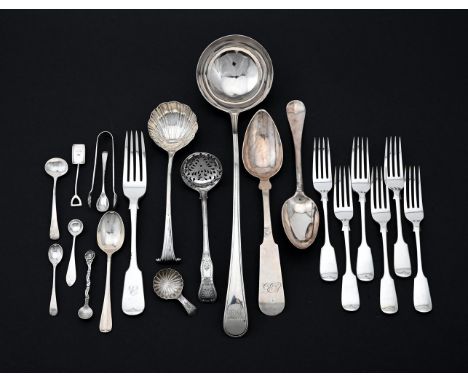 
	
		A COLLECTION OF SILVER FLATWARE
		To include: a George III Old English and thread pattern soup ladle by Richard Crossley