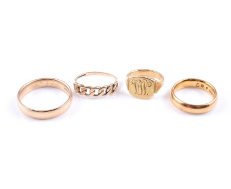 
	
		A SMALL COLLECTION OF GOLD COLOURED RINGS
		Comprising a 22 carat gold band ring; a 9 carat gold band ring; a gold colou