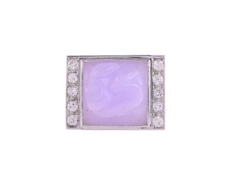 
	
		A LAVENDER JADEITE JADE AND DIAMOND RING
		The rectangular panel carved with a coiled dragon, between two rows of brilli