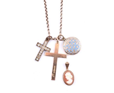 
	
		A 15 CARAT GOLD CROSS PENDANT 
		BIRMINGHAM 1912
		The polished cross suspended from a belcher link chain stamped 9; wit
