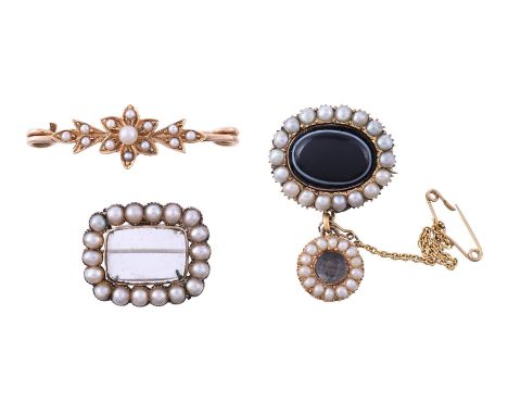 
	
		A VICTORIAN AND LATER BANDED AGATE AND HALF PEARL BROOCH 
		The oval top panel centred with an oval cabochon banded agat