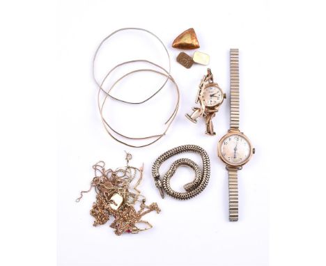 
	
		A COLLECTION OF GOLD COLOURED JEWELLERY
		to include a mid sized 9 carat gold cased wrist watch, Glasgow 1921, with silv