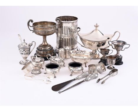 
	
		A COLLECTION OF SILVER ITEMS
		To include: an Edwardian silver twin handled pedestal trophy cup by William Hutton &amp; 