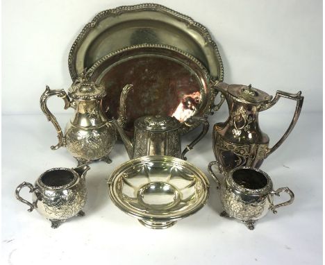 A quantity of silver plate, including coffee pot, tray, fruit stand and a quantity of cased flatware, including fish eaters e