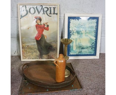A group of miscellaneous items, including a modern Windsor style wheel backed rocking chair, a Bovril print, a silver plated 