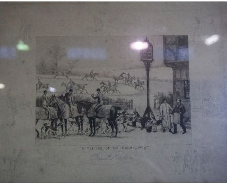 A group of assorted pictures and prints, including two hunting prints. ‘A meeting for the unemployed’, by Frank Ralon, also a