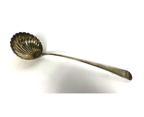 A George III silver soup ladle, hallmarked London 1780, TW?, with scalloped bowl, 35cm long, 175g