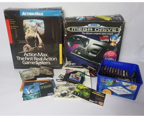 A large assortment of computer games, consoles and related, including a boxed Atari 400 computer, Action Max action game syst