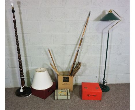 Miscellaneous items including a standard lamp, modern lamp fitting, trunk, assorted records, vintage tennis racquets etc (a l