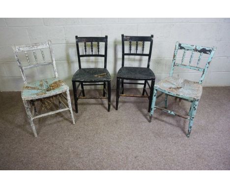 A set of four Sussex chairs, in manner of William Morris, with bobbin turned spindle backs, together with an Edwardian mahoga
