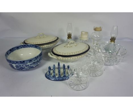 An assortment of ceramics, including two Staffordshire covered vegetable tureens; a blue and white transfer print sugar bowl;