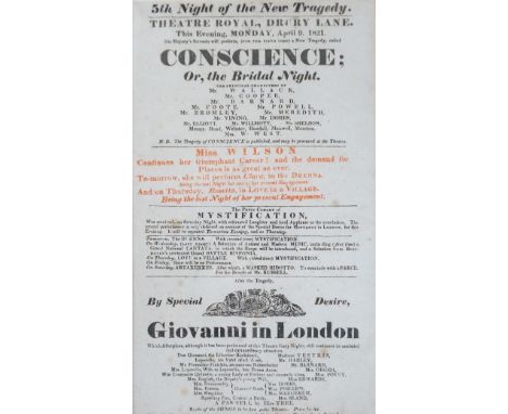 'Conscience; Or The Bridal Night’, Theatre Royal, Drury Lane, April 9, 1821, a framed theatre billboard poster, 32x18cm excl 