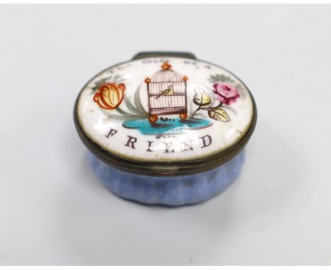 A small South Staffordshire enamel ‘Gift of a Friend’ patch box. 4.5cm wide
