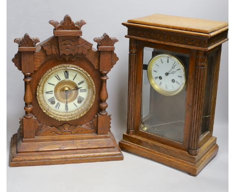 An Edwardian mantel clock and an American clock, tallest 38cms high,