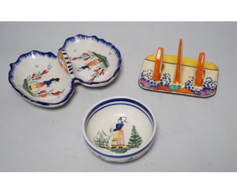 A Clarice Cliff Bizarre Gayday pattern toast rack and a Quimper dish and bowl,toast rack 13cms long x 9cms wide