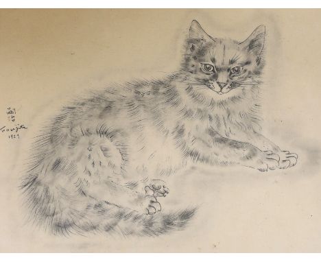 Foujita, colour print, Reclining cat, 18 x 24cm, French copy of an original (printed on border)