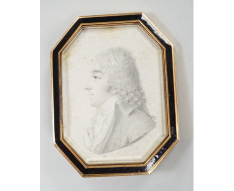 A Regency yellow metal and black enamel framed brooch (pin missing), with inset miniature pencil portrait of a bust of a gent