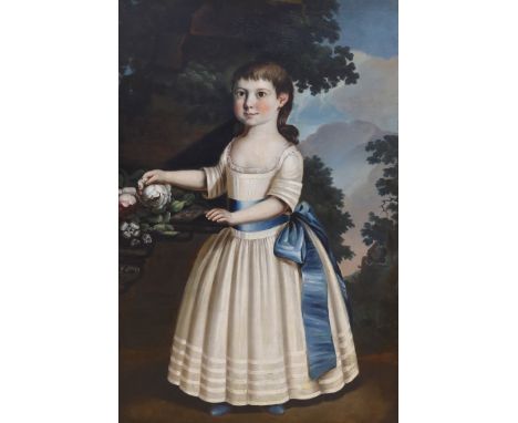 F. Hazelhurst, oil on canvas, Portrait of a girl standing in a landscape beside an urn of flowers, signed, 101 x 67cm