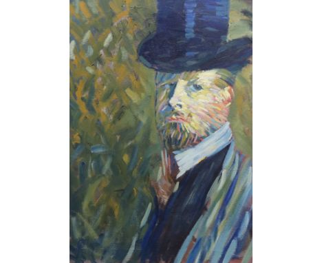 French School, oil on canvas, Portrait of a gentleman wearing a top hat, 60 x 44cm