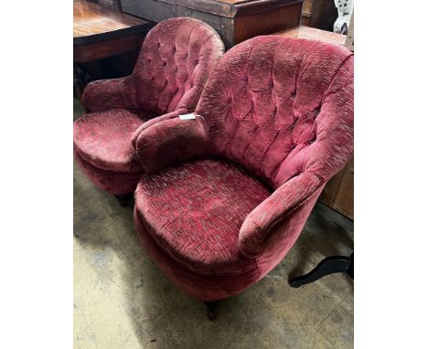 A near pair of Victorian button spoonback armchairs, width 72cm, depth 80cm, height 85cm