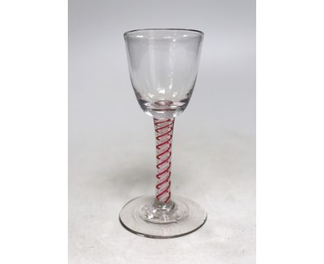 A Dutch red and white colour twist stem wine glass. 15cm tall