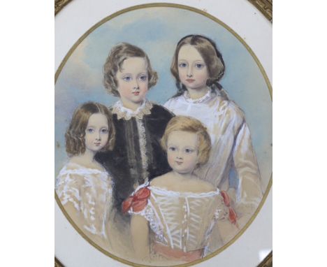 Victorian School, watercolour, Portrait of the children of Oliver and Isabella Walford, oval, 44 x 39cm