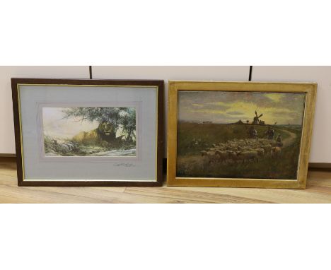 English School c.1900, oil on canvas, Shepherds and flock upon the downs, 30 x 40cm, together with a signed David Shepherd pr