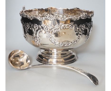 A Sheffield plated punch bowl and a plated soup ladle, bowl 30cms diameter