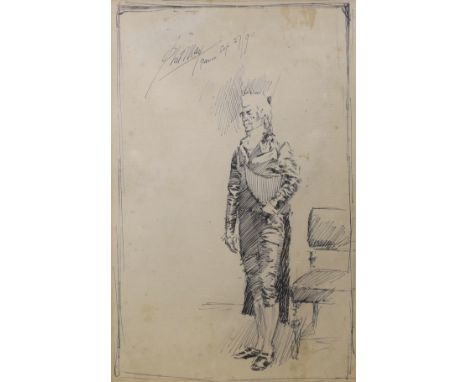 Phil May (1864-1903), pen and ink, Sketch of a standing Georgian gentleman, signed and dated Paris 90, 16 x 10cm