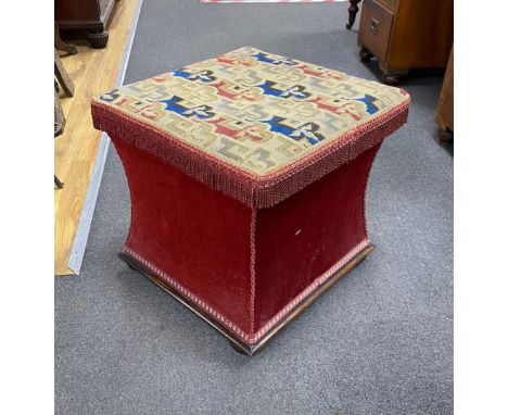 A Victorian tapestry upholstered hinged box seat stool, width 42cm, depth 42cm, height 41cm