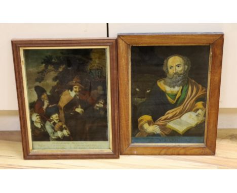 Two early 19th century reverse painted prints on glass, 'The Strolling Musician' and 'St Mark', 34 x 24cm
