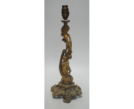 A 19th century French rococo style ormolu candlestick, converted to table lamp, 39cm tall