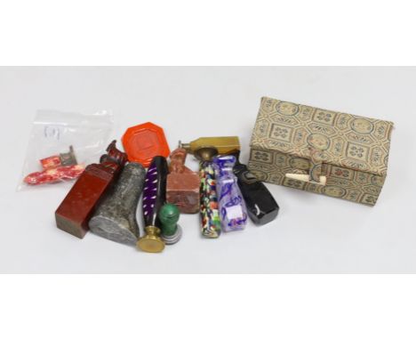 A group of various glass, hardstone etc. desk seals, to include a Chinese soapstone seal,
