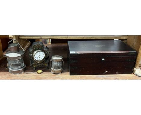 A 19th century mahogany cutlery box, width 46cm, two miniature ship's lanterns and a French inlaid mantel clock
