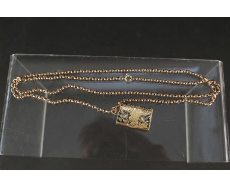 An unmarked yellow metal chain (with later replacement clasp) together with an unmarked yellow metal case of satchel form wit