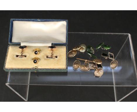 A pair of oval 9ct gold cufflinks with engine turned decoration (as found), a 9ct gold T-bar together with four pairs of yell