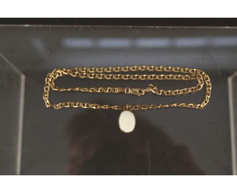 A 9ct gold flat link necklace hung with small 9ct gold opal set pendant, approx 10g