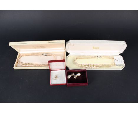 Two boxed sets of simulated pearl strings, simulated pearl earrings plus earrings with 9ct gold screw fittings