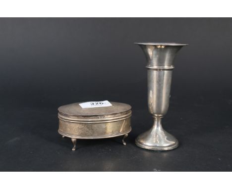 An oval silver ring box (interior as found) together with a silver bud vase