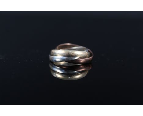 A 9ct gold tri colour interlocking band ring, size J 1/2, approx 3.8g