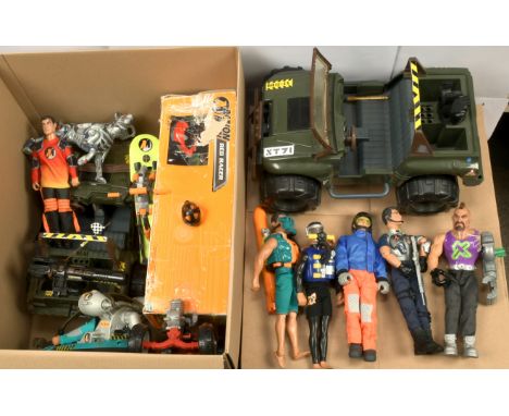 Quantity of modern Hasbro Action Man vehicles and figures, including Sports Car, Good, within Fair opened box, Jeeps x two, f