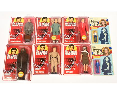 Retro The Six Million Dollar Man and Bionic Woman figures x 8 including EMCE Toys Steve Austin x 2, Fembot, Bigfoot, Dr Rudy 