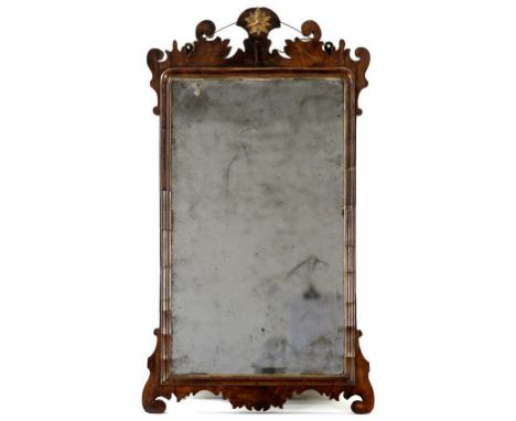 A WALNUT FRETTED FRAME MIRROR, 81CM H