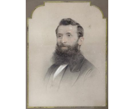 VICTORIAN SCHOOL - PORTRAIT OF A LADY; PORTRAIT OF A GENTLEMAN, A PAIR, HEAD AND SHOULDERS, PASTEL, SHAPED TOP, 48CM X 35CM