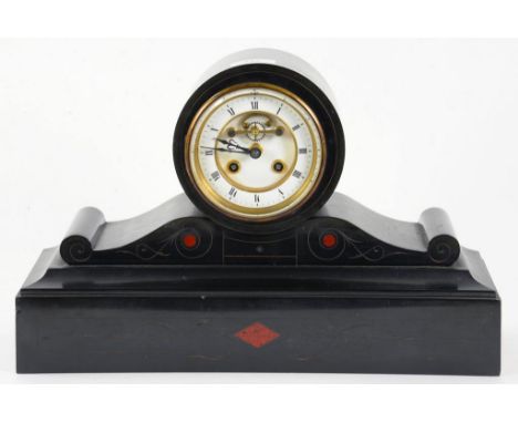 A VICTORIAN BELGIAN SLATE MANTLE CLOCK, THE MOVEMENT WITH ENAMEL DIAL AND BROCOT ESCAPEMENT, 26CM H, LATE 19TH CENTURY