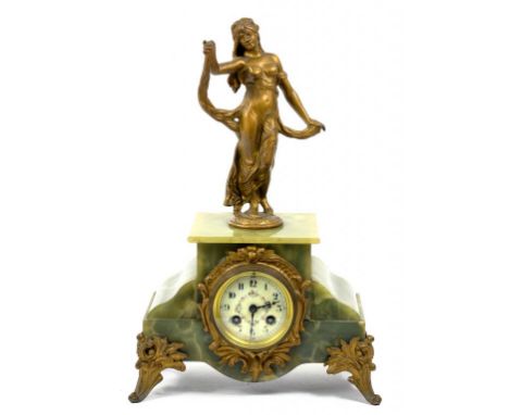 A FRENCH SPELTER GILT MOUNTED ONYX MANTLE CLOCK WITH PRIMROSE ENAMEL DIAL, 44CM H, CIRCA 1890