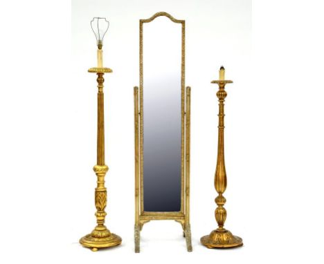 A SILVER PAINTED CHEVAL MIRROR 179CM X 44CM AND TWO GILT PAINTED STANDARD LAMPS