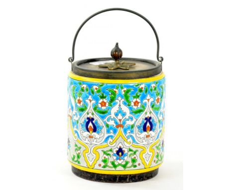 AN EPNS MOUNTED VEILLARD, BORDEAUX FAIENCE BISCUIT BARREL, 15CM H EXCLUDING SWING HANDLE, IMPRESSED MARK, CIRCA 1890