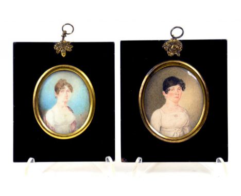 ENGLISH SCHOOL, EARLY 19TH CENTURY - PORTRAIT MINIATURES OF TWO LADIES, ONE ON IVORY, THE OTHER CARD, 7CM X 6CM AND CIRCA, PA